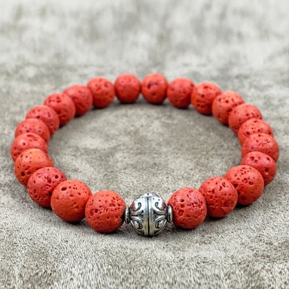 10mm Red Lava Rock Sterling Silver bead Stretch Bracelet
